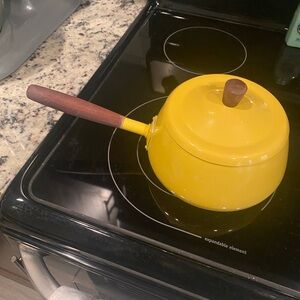 Retro Yellow Fondue Pot with Wooden Handle